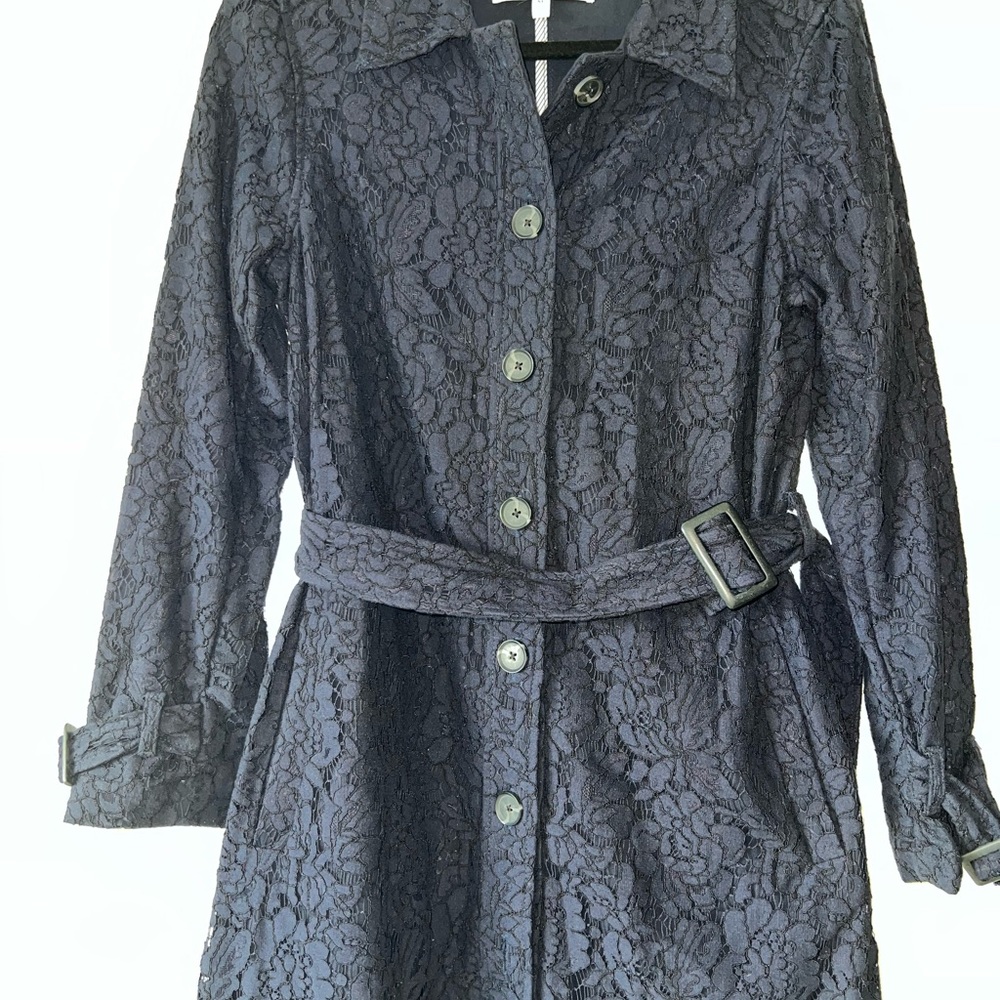 Cupcakes & Cashmere Navy Blue Lace Trench Coat